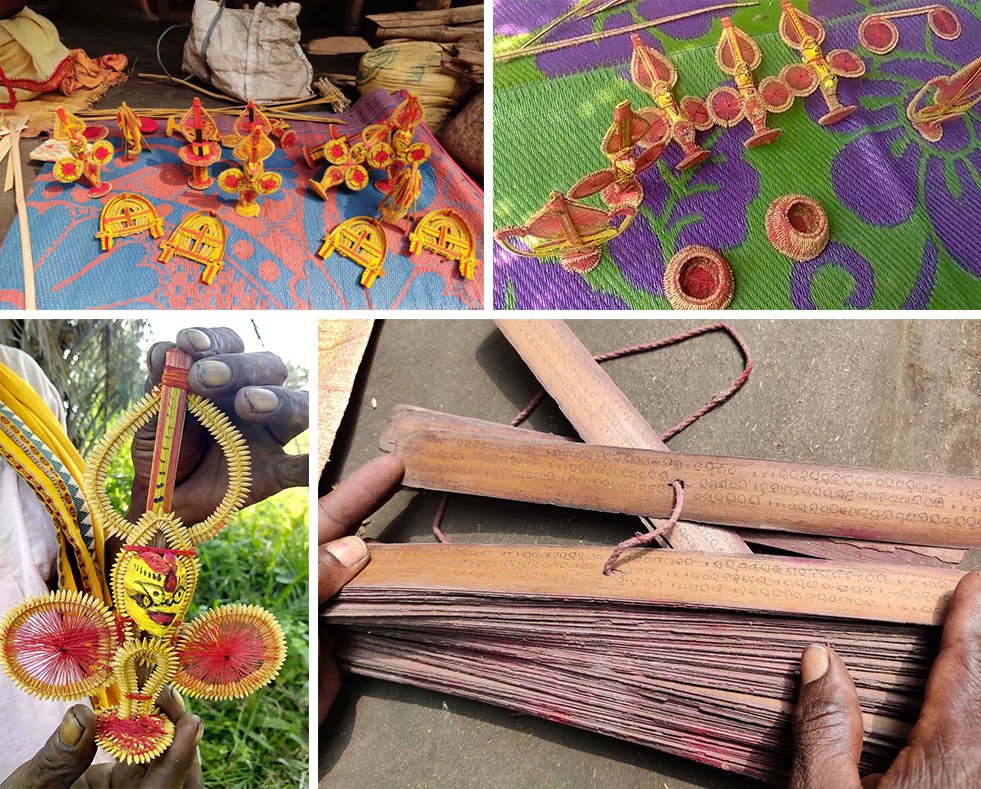 Top row: The paddy craft is a tradition inherited from their forefathers, say the Debgurus –they make altars, urns, toy-sized chariots and more. Bottom left: Gopinath holds up an idol of Laxmi he's made. Bottom right: A palm-leaf manuscript of the Laxmi Purana, which is passed down the generations