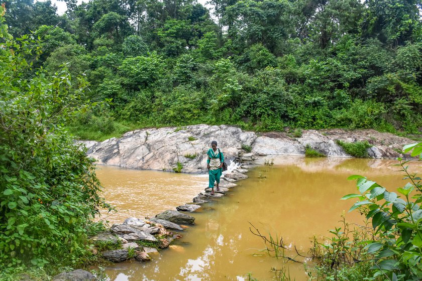 Jyoti walks to Herta village by crossing a stone path across a stream. During monsoon it is difficult to cross this stream