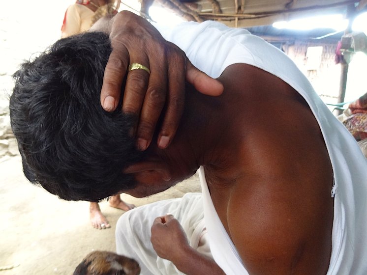 Damu Atram, a Kolam Adivasi farmer in Hiwara Barsa village, got eight stitches on his skull and five on the neck after a tiger attack in May 2018