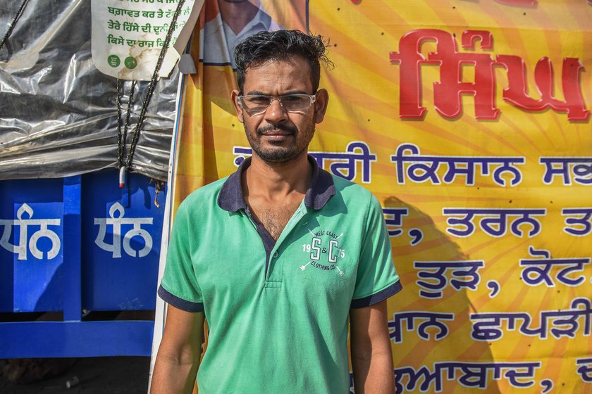Left: Nizamuddin Ali, a security supervisor at a factory near the Singhu site, has not received his salary for over two months, but still supports the protesting farmers. Right: Mahadev Tarak, whose income has halved from his stall selling cigarettes and tea, says, 'We don't have any problems if the farmers stay here'