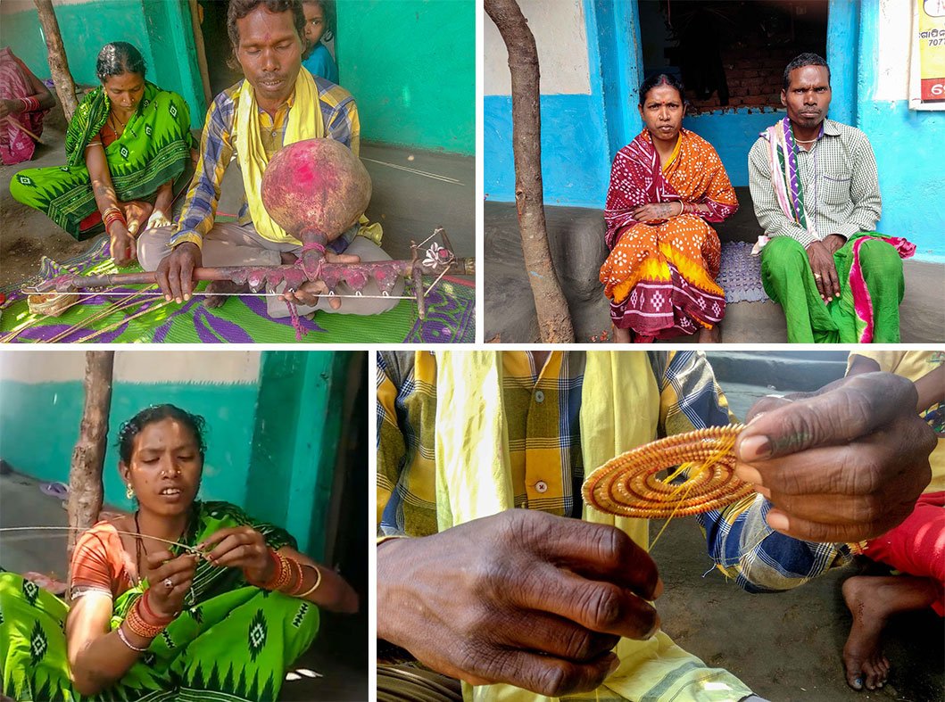 Tp left: Gopinath Debguru sings a verse from Laxmi Purana with his Laxmi veena, while Kanti Debguru prepares garlands with paddy. Top right: Kanti and Gopinath at the doorway of their two-room mud house in Khudpeja, where they live with their three daughters. Bottom left: Kanti fastens the paddy with red yarn on bamboo slivers to make the garlands. Bottom right: Gopinath makes the base of the idol with the garlands
