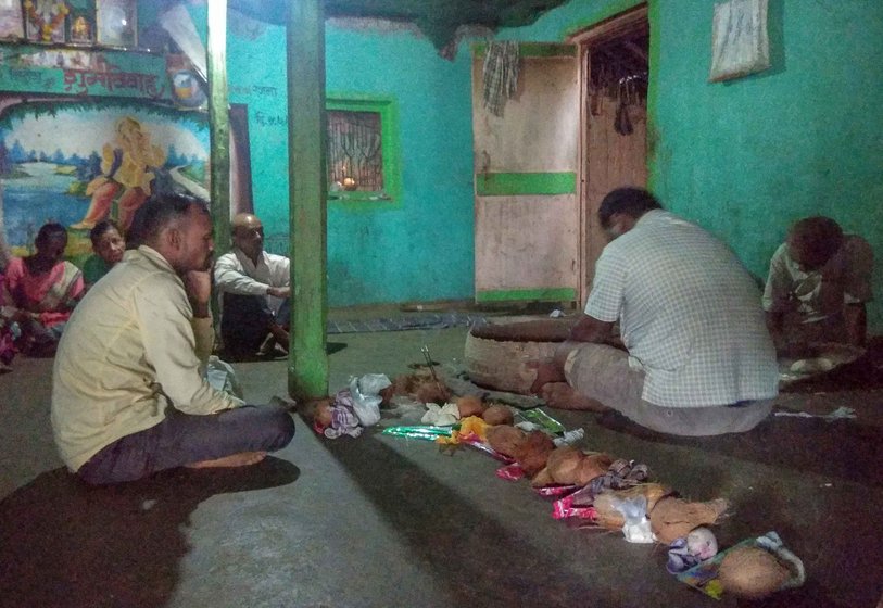 Left: Bhagat Kalu Jangali at his home in Pangri village in Mokhada taluka. Right: Bhagat Subhash Katkari with several of his clients on a Sunday at his home in Deharje village of Vikramgad taluka in Palghar district