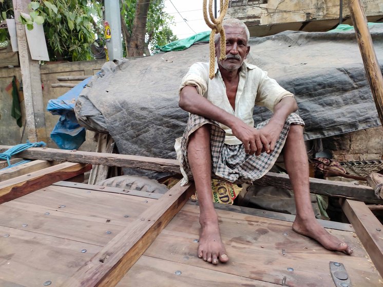 Bholu Singh lives in Delhi's Motia Khan area, and owns three carts, there oxen and a calf. Now 64, he started plying a cart when he was 12