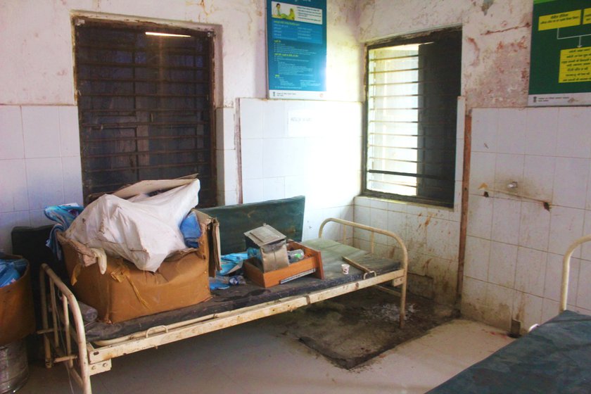 Left: The mosquito net and bedding in the office where ANMs sleep. Right: A broken bed in the post-natal care ward is used for storing junk