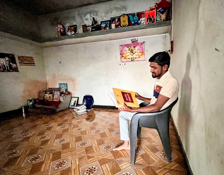 Right: Santosh Khade in the room of his home where he spent most of the lockdown period preparing for the MPSC entrance exam