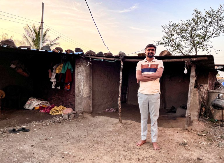 Left: Behind the pucca home where Khade now lives with his parents and cousins  is the  brick structure where his family lived for most of his childhood.