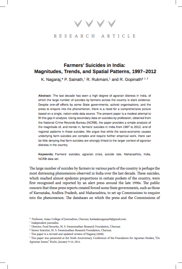 Farmers’ Suicides in India: Magnitudes, Trends, and Spatial Patterns, 1997–2012