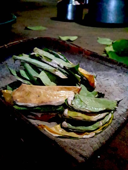 The delicious pandmodi is made from a dough of rice from our fields, grated cucumbur and jaggery, placed between a folded chai leaf and steamed 