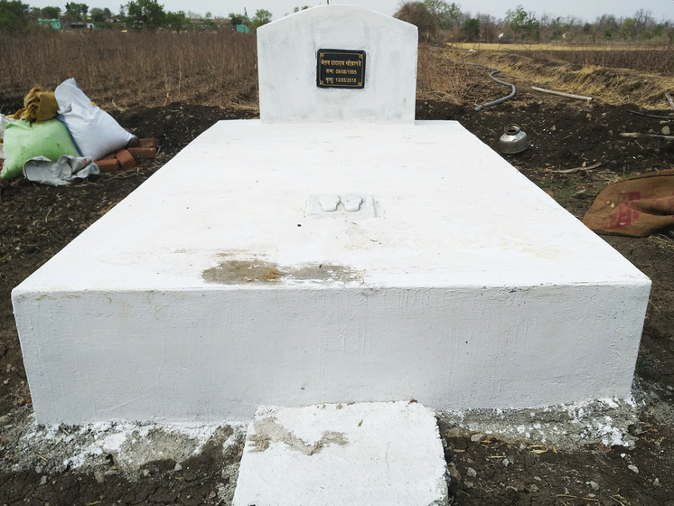 The memorial to Chetan Khobragade in Amgaon. Right: Dadarao Khobragade stands where his son was mauled by a tiger on their farm in Wardha district 