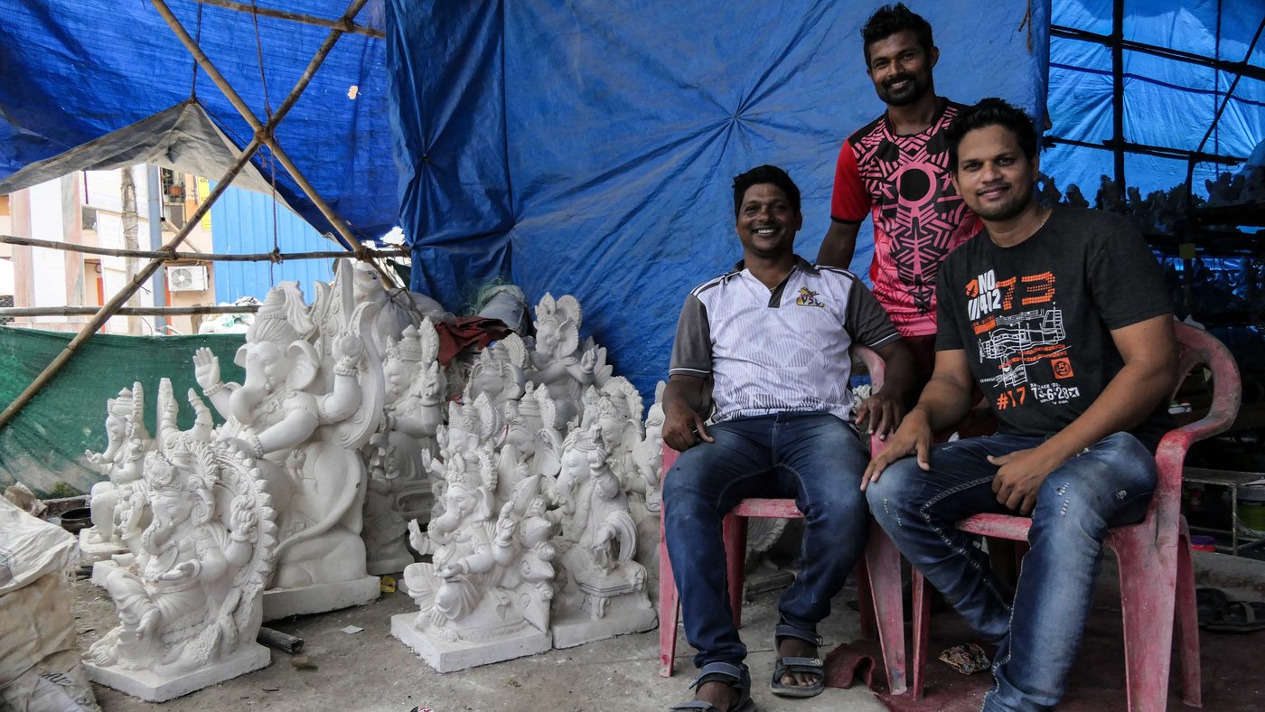 Left: Dinesh Dhanga (on the right right) heads an organisation of around 250 fishermen operating small boats; its members include Sunil Kapatil (left) and Rakesh Sukacha (centre). Dinesh and Sunil now have a Ganapati idol-making workshop to supplement their dwindling income from fishing