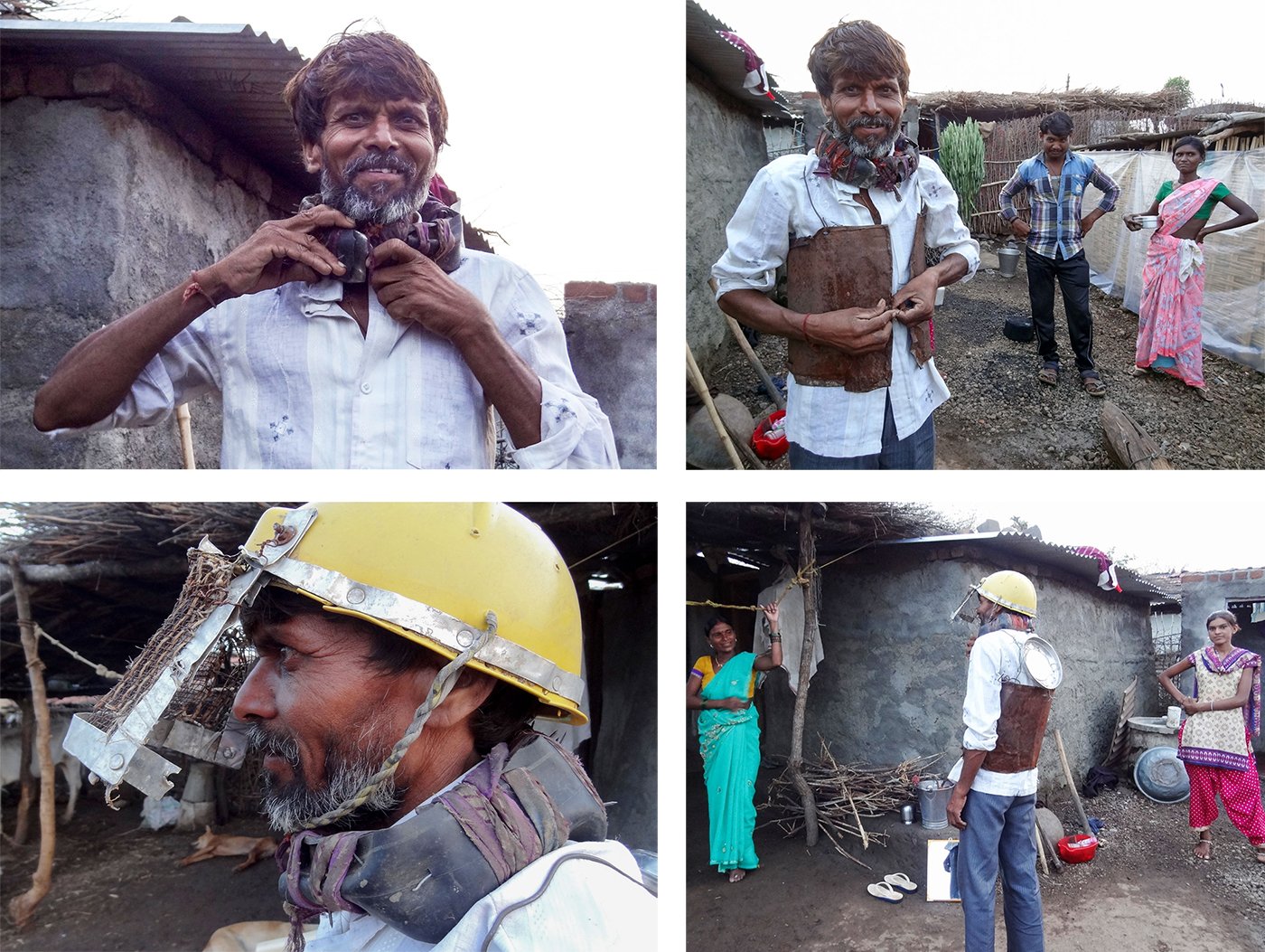 Shankar Atram  in his protective gear at his home. Atram’s wife Sulochana and his daughter, Diksha, smile at him as he wears his ‘Jugaad’.