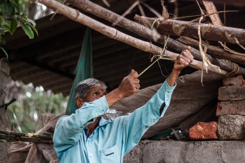 Vishnu Bhosale is tying the rafters and wooden stems using agave fibres. He has built over 10 jhopdis and assisted in roughly the same number