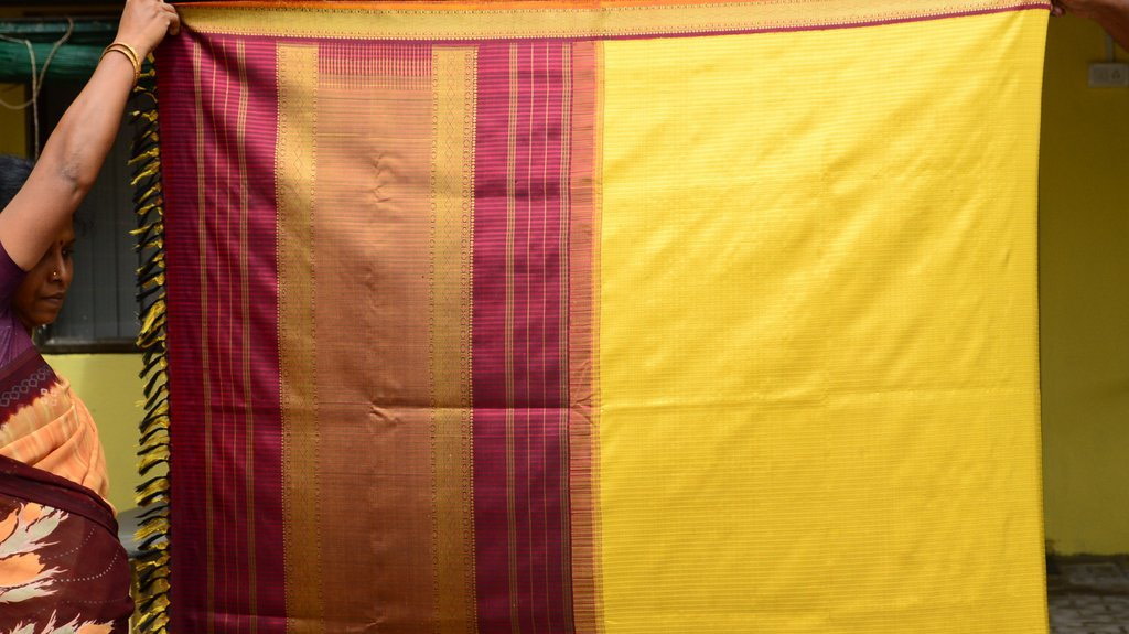 Woman showing finished saree