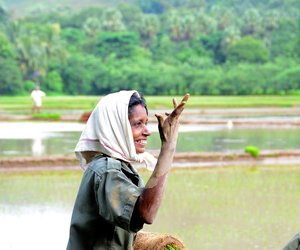 Smiling woman farmer next to paddy fields