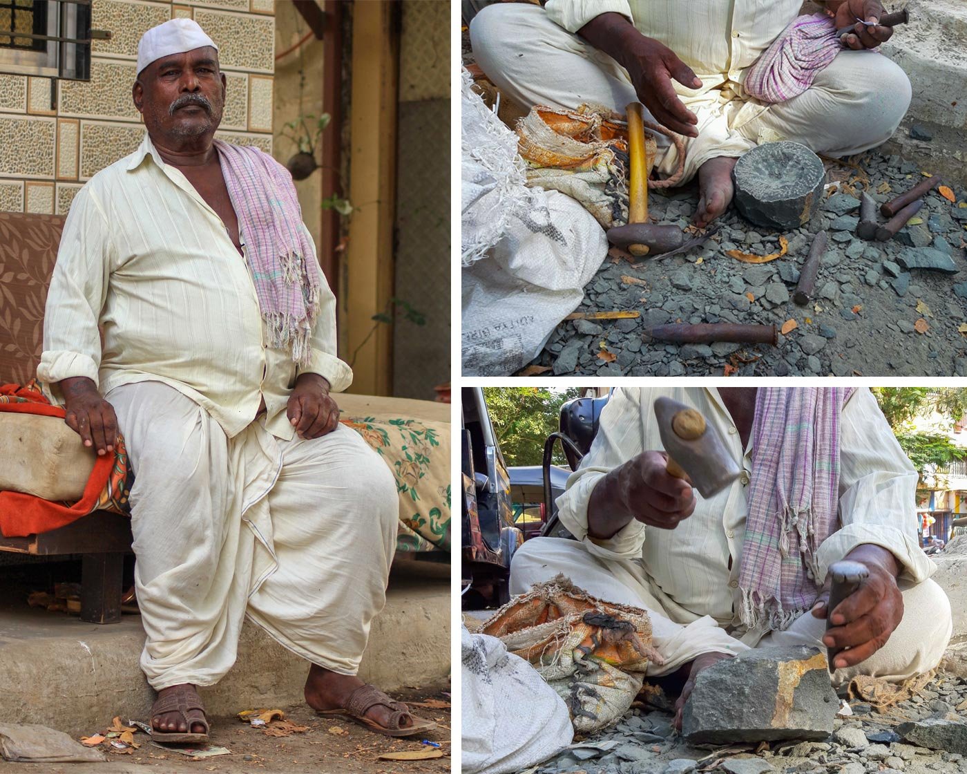 On left A man sitting on a sofa, on right side - man is hammering stone 