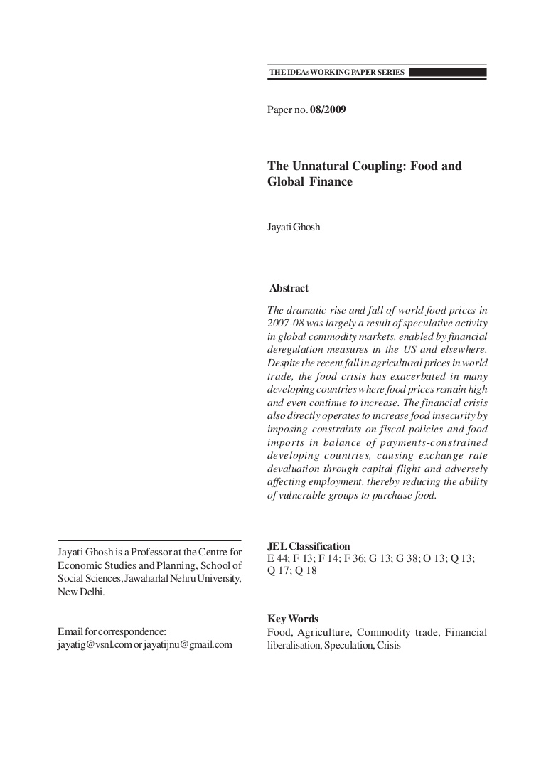 The Unnatural Coupling Food and Global Finance