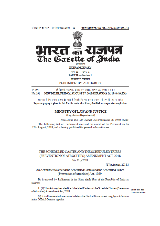 The Scheduled Castes and the Scheduled Tribes Prevention of Atrocities Amendment Act 2018